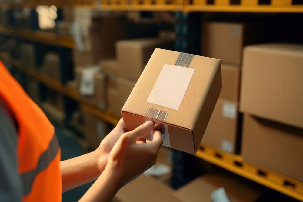 hands scanning barcode cardboard box warehouse.
